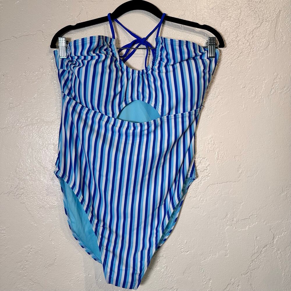 NWT BMJL Extra Large 1 piece swim suit Blue vertical stripe beach cruise summer